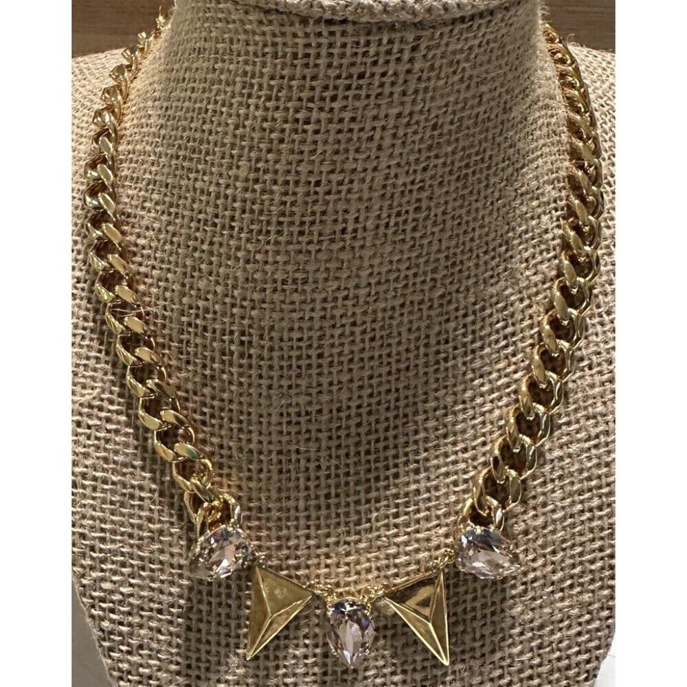 17” Gold Tone Flag  Thick Chain Necklace Pink Rhinestones  TOMTOM Statement